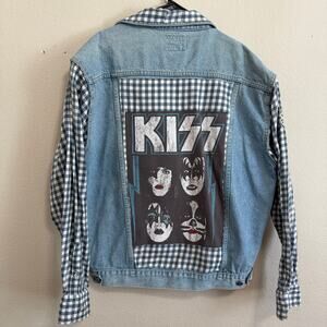 Upcycled Denim Trucker Jacket by Pepsi w/KISS Graphic & Plaid Accents Size XL